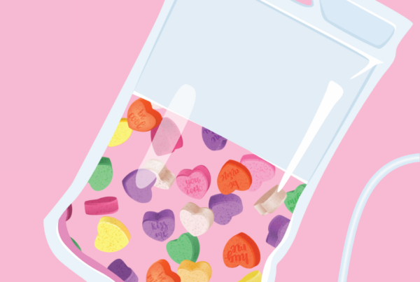 Illustration of IV Therapy Bag with Valentine's character heart candy to highlight self-care during Valentine's Day Season