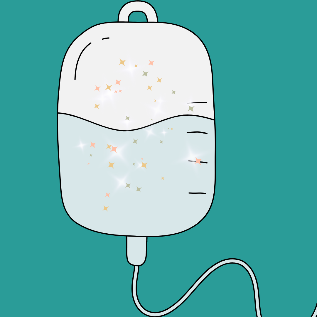 teal background. illustrated iv bag on top with sparkles inside. graphic for webinar on iv therapy
