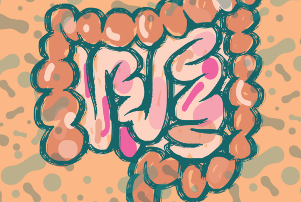 Icon for blog post promoting SIBO and IBS Functional Medicine Webinar. Image is an illustration of an abstract intestine - colors are orange and pink on a peach background with floating green bacteria.
