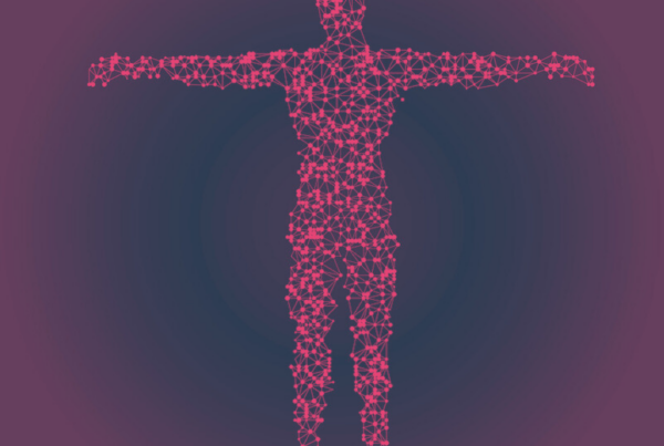 Illustration of human body composed of dots on blue background with red and pinkish highlights