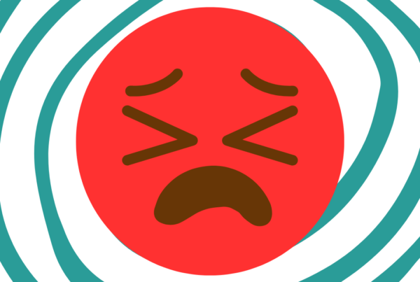 Decorative image for blog. Teal and white swirly background. Red emoji face that is upset and in pain.