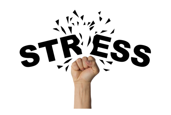 Image of fist punching through the word stress.