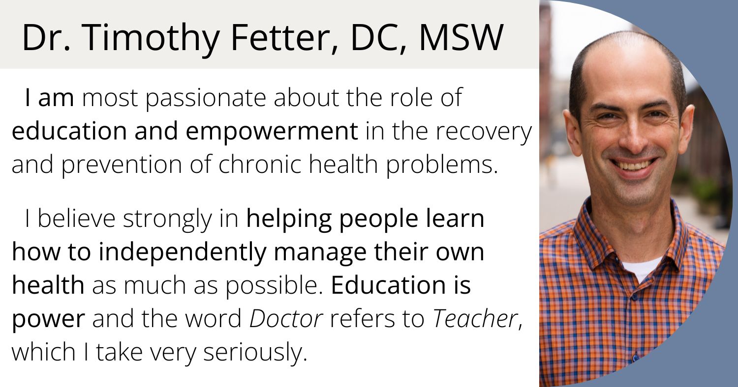 About the author, Dr. Timothy Fetter, DC, MSW with quotation.